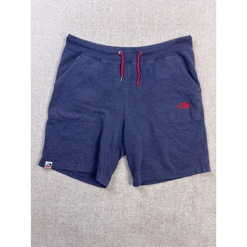 The North Face Mens XL Blue Fleece Shorts Red Logo Drawstring Pockets